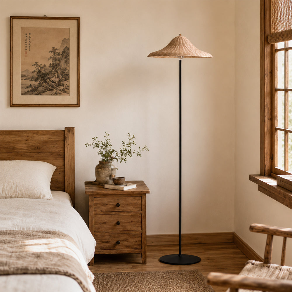 LIVARA 165cm Handwoven Rattan Floor Lamp Wide Shade Standing Light for Living Room Bedroom & Reading Corner - Natural & Black