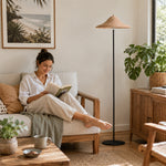 LIVARA 165cm Handwoven Rattan Floor Lamp Wide Shade Standing Light for Living Room Bedroom & Reading Corner - Natural & Black