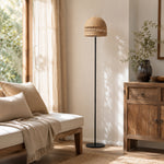 LIVARA 175cm Handwoven Rattan Dome Floor Lamp Ambient Standing Light for Living Room Bedroom & Reading Corner - Natural & Black
