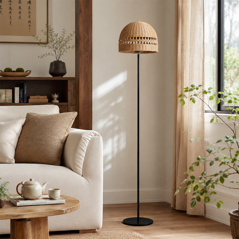 LIVARA 175cm Handwoven Rattan Dome Floor Lamp Ambient Standing Light for Living Room Bedroom & Reading Corner - Natural & Black