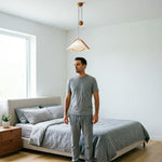 LIVARA 55cm Wood Accent Pendant Light Adjustable Height Fabric Shade for Dining Room Bedroom & Living Room - Natural Wood