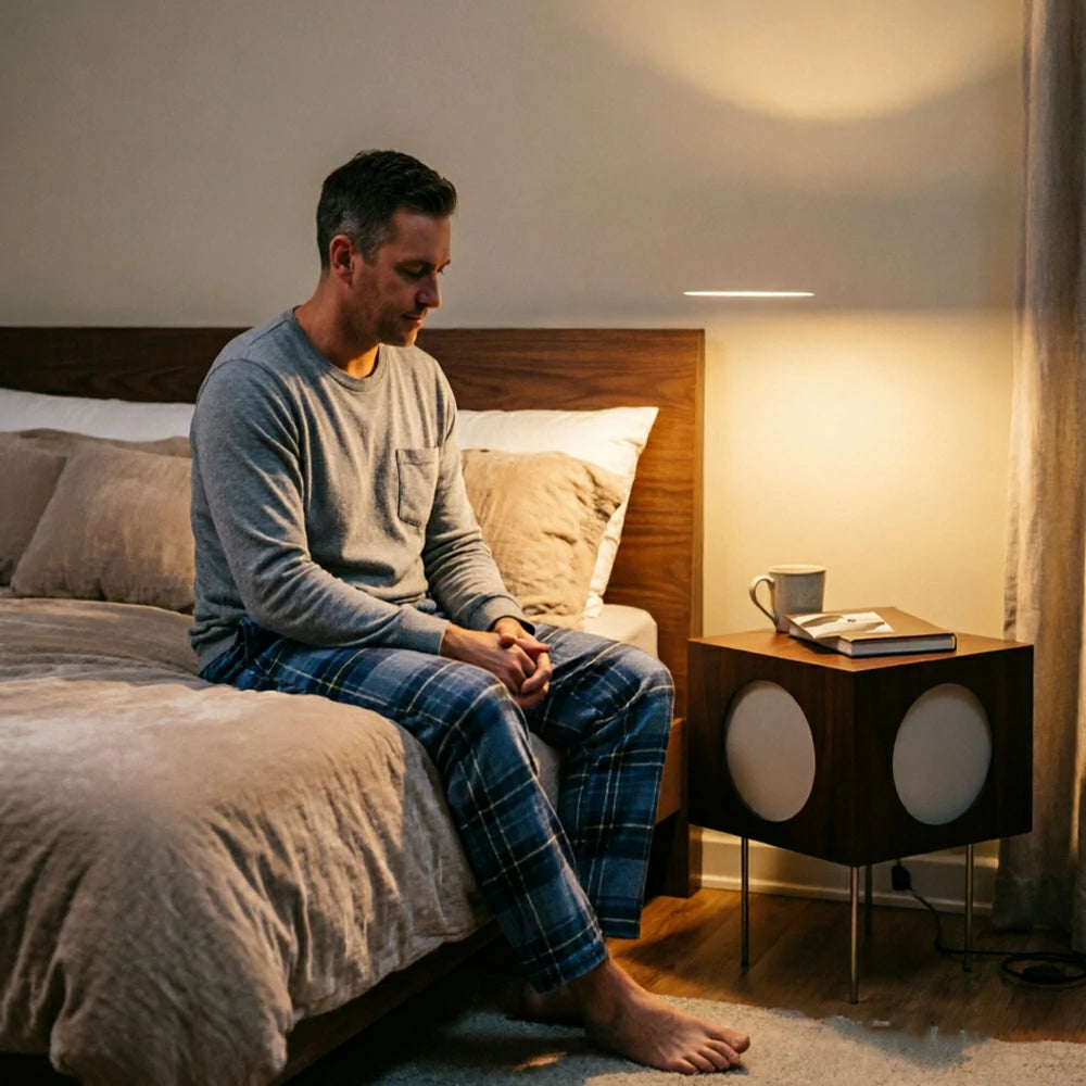 LIVARA Cube Accent Table Lamp with Circular Light Panels for Living Room Bedroom & Reading Corner - Dark Walnut