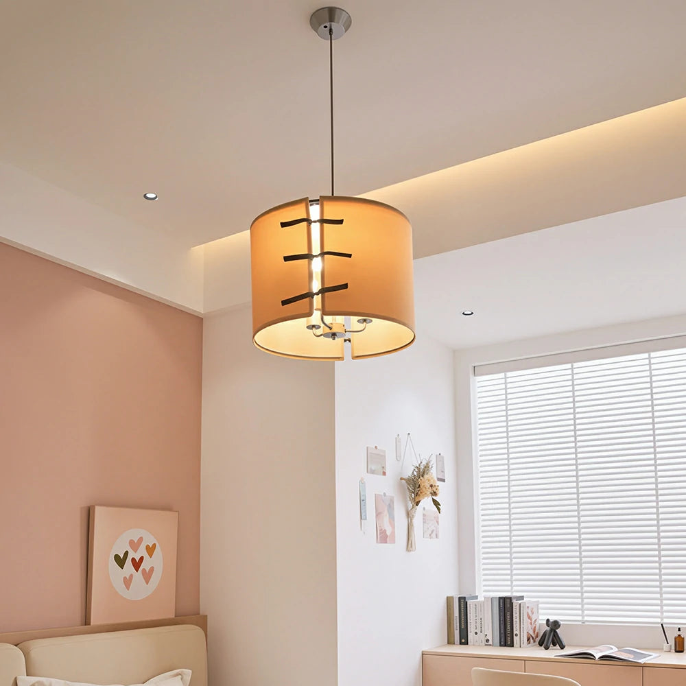 LIVARA Ribbon-Tied Fabric Drum Pendant Light Soft Ambient Hanging Lamp for Dining Room Bedroom & Living Room - Beige & Brown