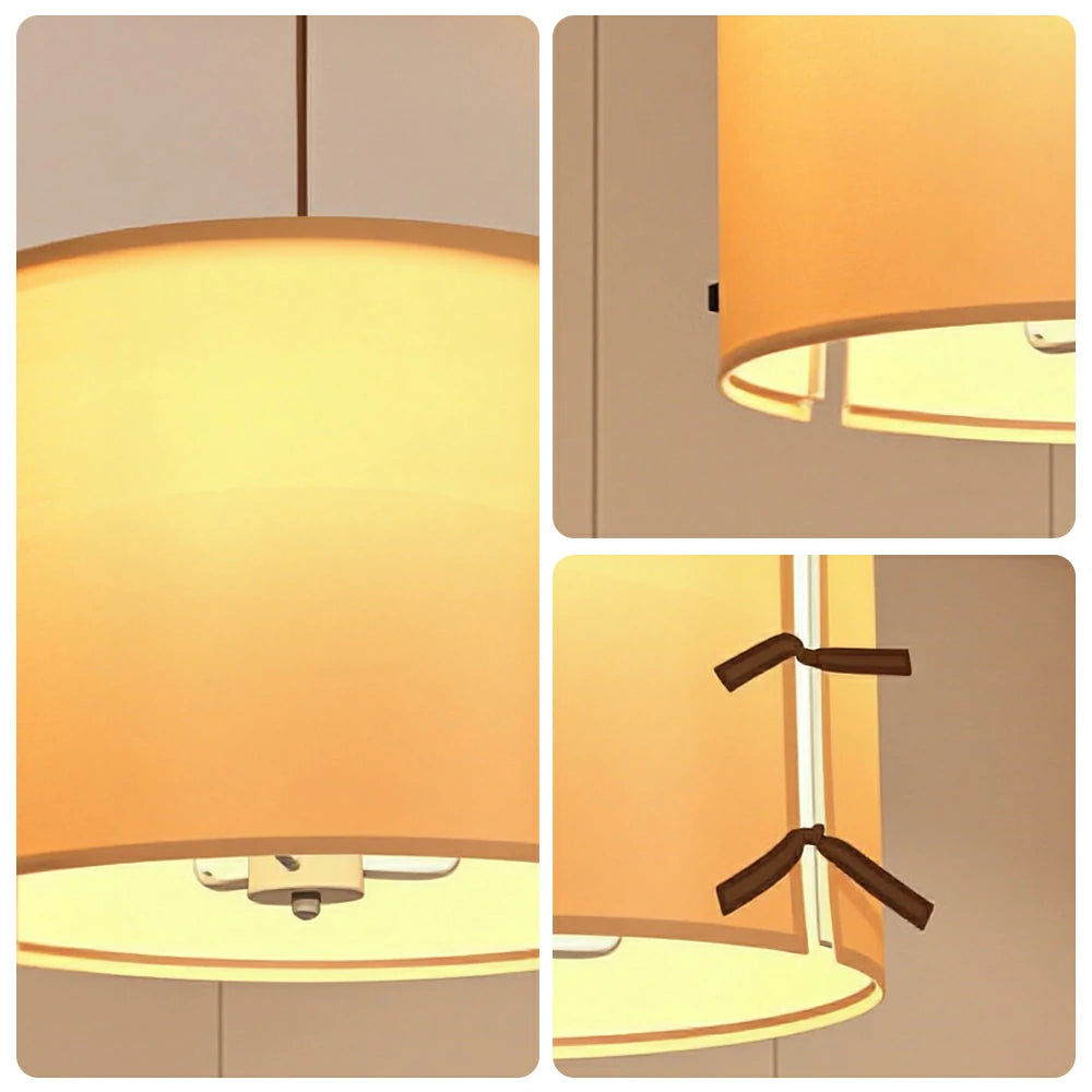 LIVARA Ribbon-Tied Fabric Drum Pendant Light Soft Ambient Hanging Lamp for Dining Room Bedroom & Living Room - Beige & Brown
