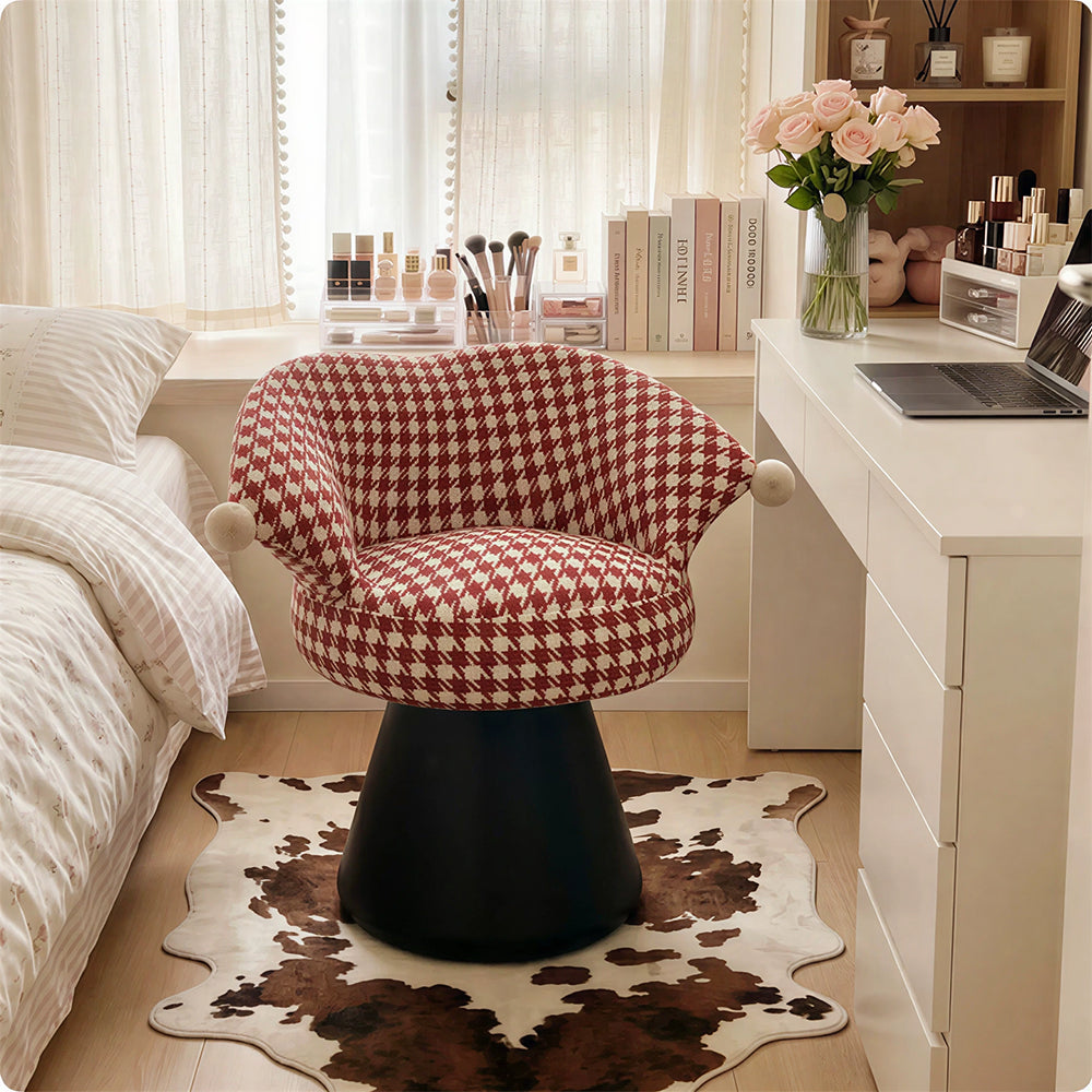 LIVARA Vanity Stool - Imported Cotton Linen Upholstery with 360-Degree Swivel Design, Curved Backrest Makeup Chair for Bedroom & Dressing Room - Red