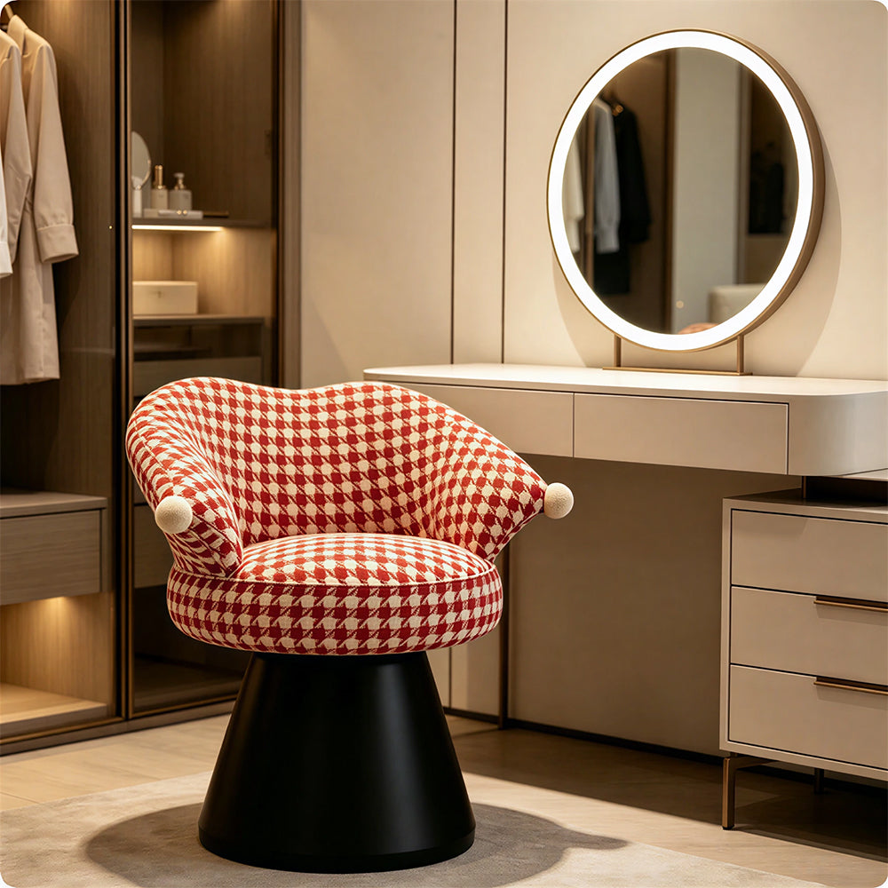 LIVARA Vanity Stool - Imported Cotton Linen Upholstery with 360-Degree Swivel Design, Curved Backrest Makeup Chair for Bedroom & Dressing Room - Red