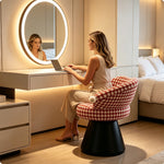 LIVARA Vanity Stool - Imported Cotton Linen Upholstery with 360-Degree Swivel Design, Curved Backrest Makeup Chair for Bedroom & Dressing Room - Red