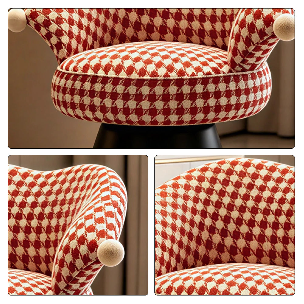 LIVARA Vanity Stool - Imported Cotton Linen Upholstery with 360-Degree Swivel Design, Curved Backrest Makeup Chair for Bedroom & Dressing Room - Red