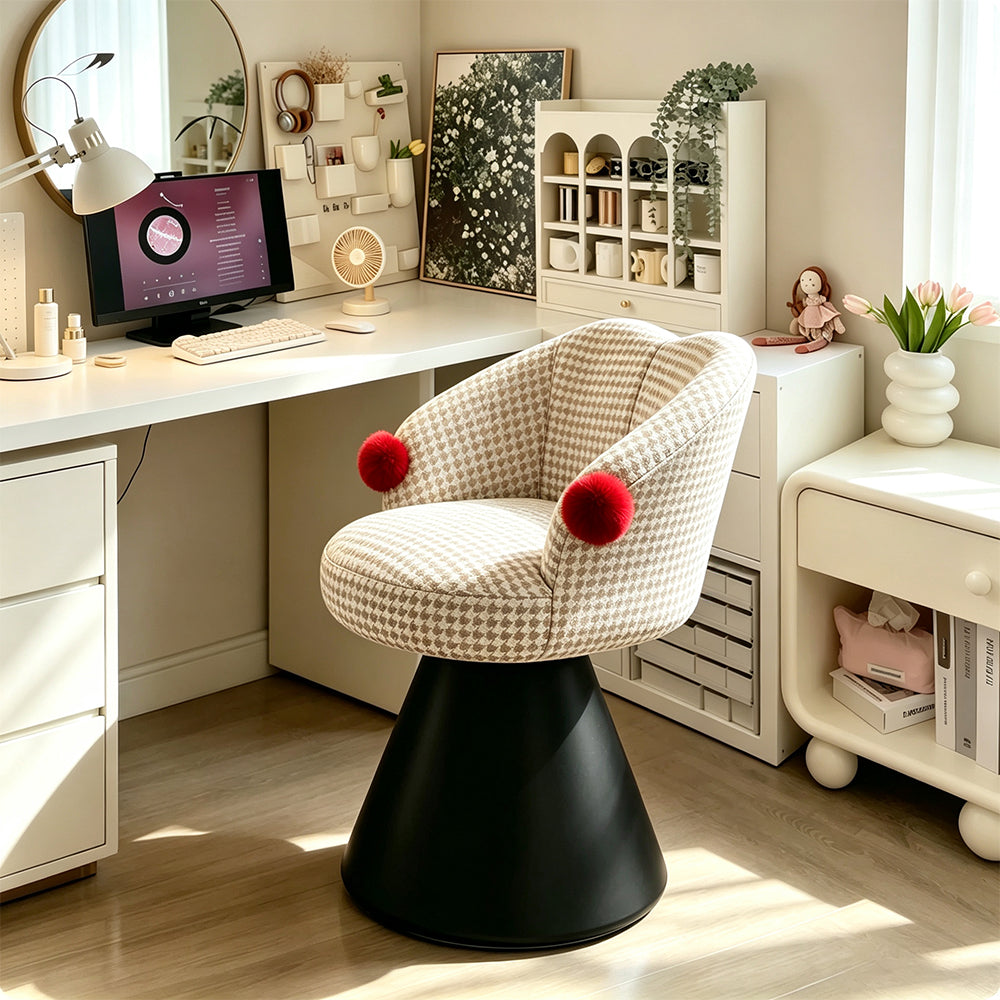 LIVARA Vanity Chair - Imported Cotton Linen Upholstery with Solid Wood Frame, 360-Degree Silent Swivel Design, Curved Back Makeup Stool for Bedroom - Cream