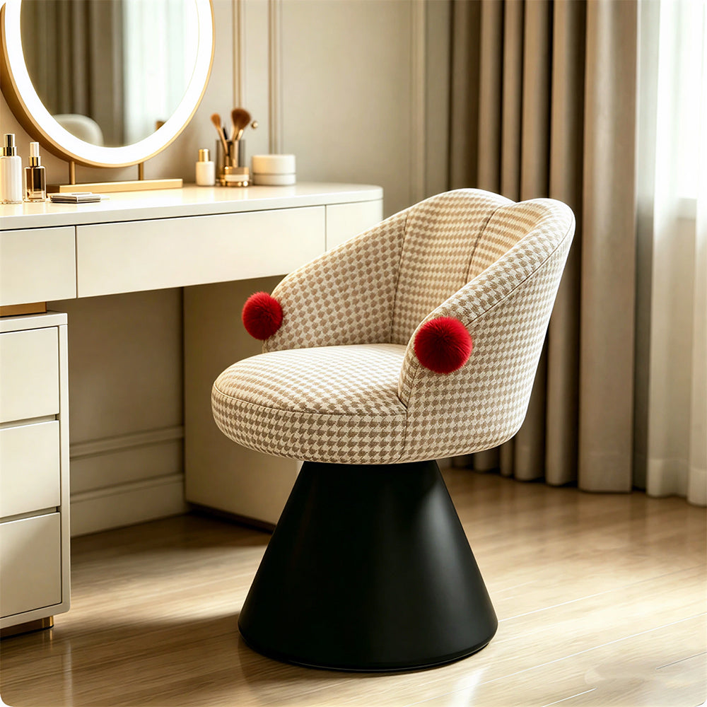 LIVARA Vanity Chair - Imported Cotton Linen Upholstery with Solid Wood Frame, 360-Degree Silent Swivel Design, Curved Back Makeup Stool for Bedroom - Cream