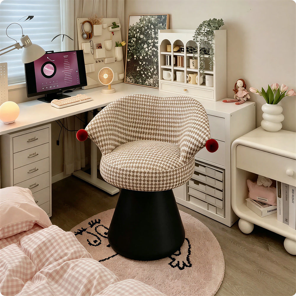 LIVARA Vanity Chair - Imported Cotton Linen Upholstery with Solid Wood Frame, 360-Degree Silent Swivel Design, Curved Back Makeup Stool for Bedroom - Cream
