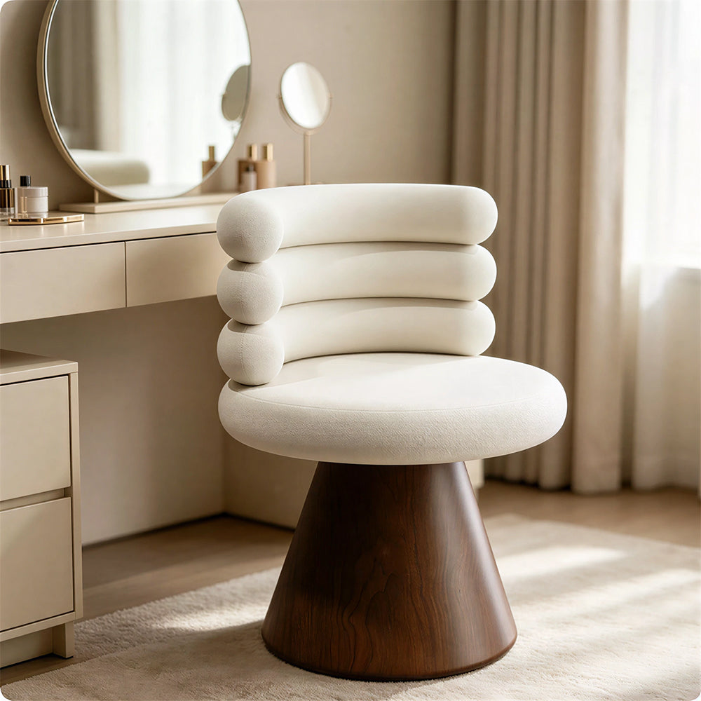 LIVARA Vanity Chair - Layered Backrest with Solid Wood Frame, Soft Cream Upholstery, 360-Degree Quiet Swivel Makeup Chair for Bedroom - Cream