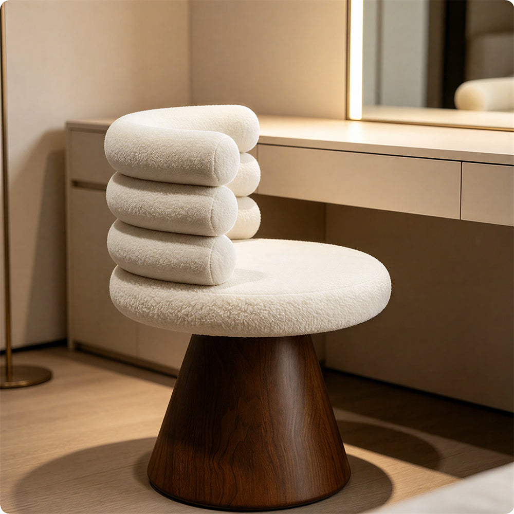 LIVARA Vanity Chair - Layered Backrest with Solid Wood Frame, Soft Cream Upholstery, 360-Degree Quiet Swivel Makeup Chair for Bedroom - Cream