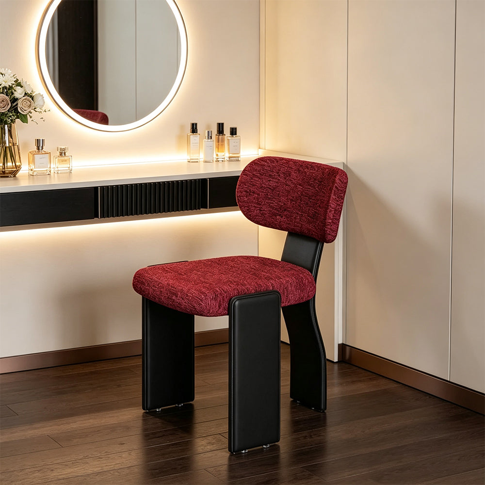 LIVARA Chair - Soft Chenille Upholstery with Thickened Steel Tube Frame, Saddle Leather Legs, Curved Padded Backrest for Home & Office Use - Red