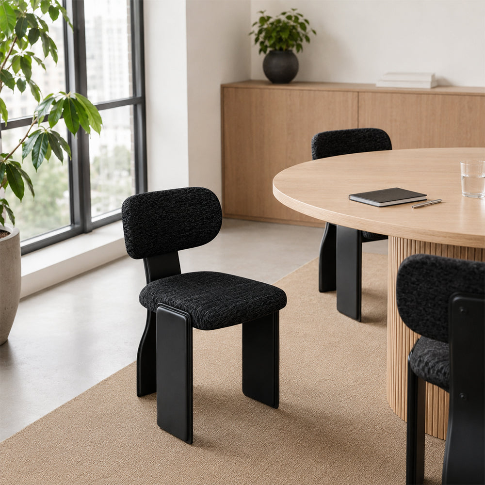 LIVARA Chair - Soft Chenille Upholstery with Thickened Steel Tube Frame, Saddle Leather Legs, Curved Padded Backrest for Home & Office Use - Black