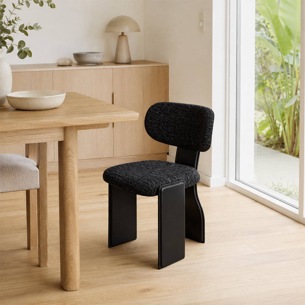 LIVARA Chair - Soft Chenille Upholstery with Thickened Steel Tube Frame, Saddle Leather Legs, Curved Padded Backrest for Home & Office Use - Black