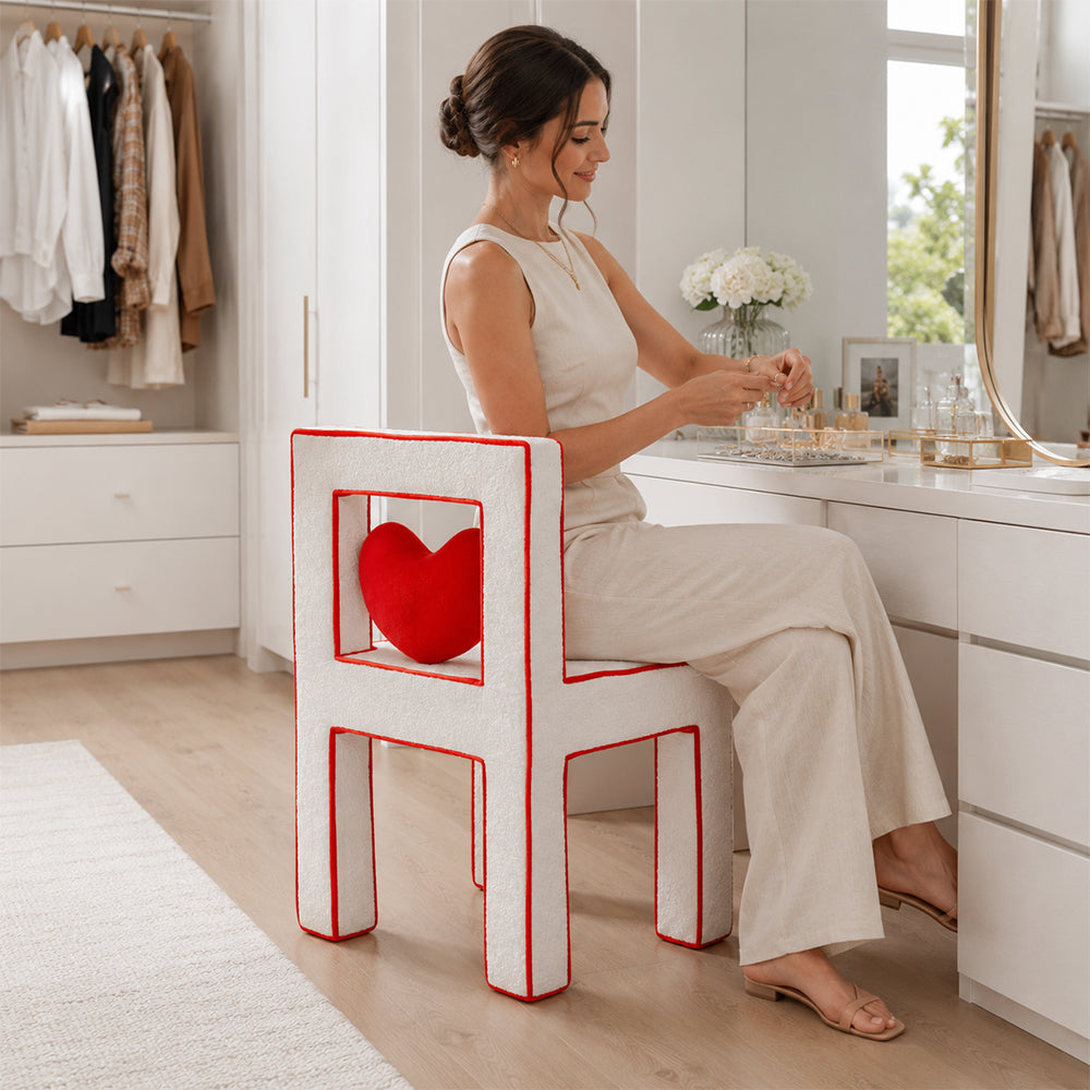 LIVARA Vanity Chair - Heart Shape Design with CS Scratch-Resistant Fabric, Solid Wood Frame, Cute Makeup Chair for Bedroom & Dressing Room - Red & White