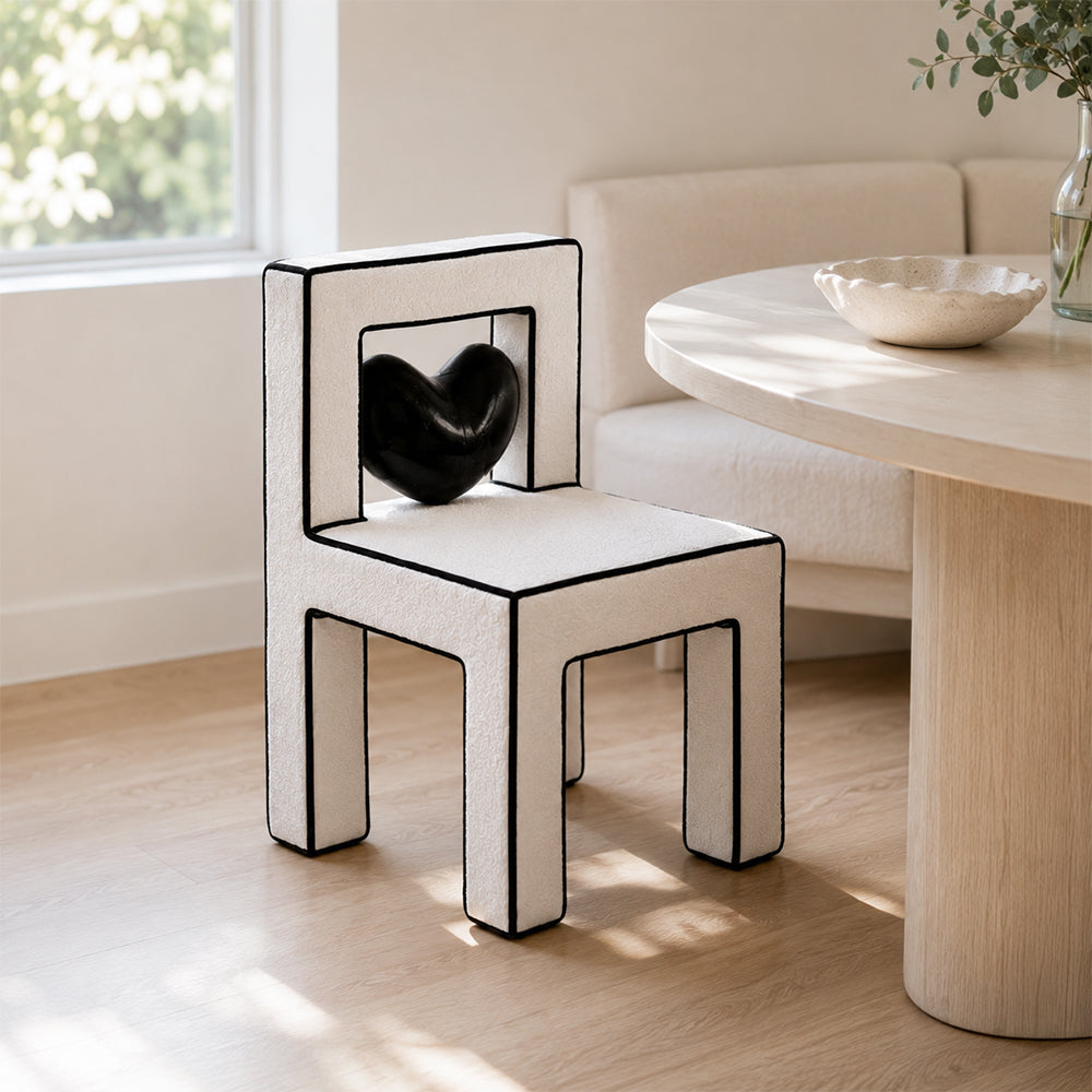 LIVARA Vanity Chair - Heart Shape Design with CS Scratch-Resistant Fabric, Solid Wood Frame, Cute Makeup Chair for Bedroom & Dressing Room - Black & White