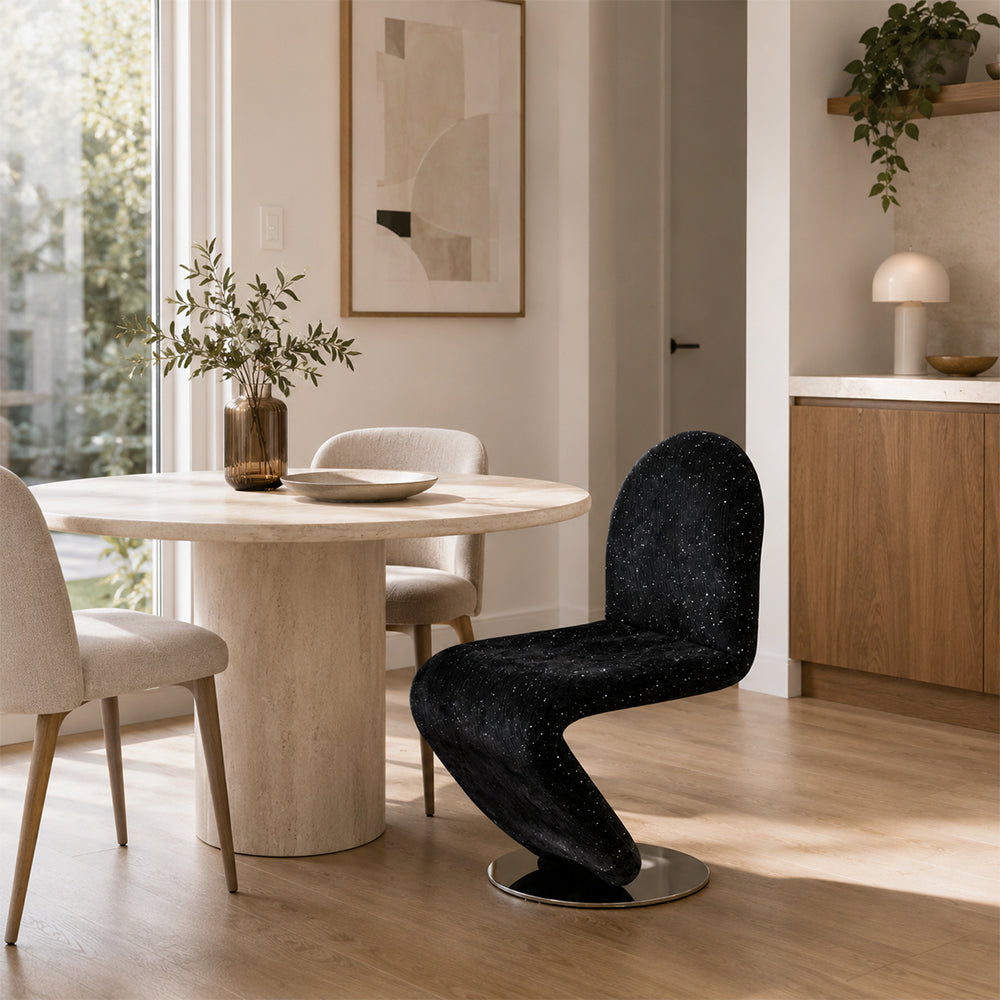 LIVARA Accent Chair - Starry Black Chenille Upholstery with Stainless Steel Base, 360-Degree Swivel Designer Chair for Living Room & Bedroom - Black