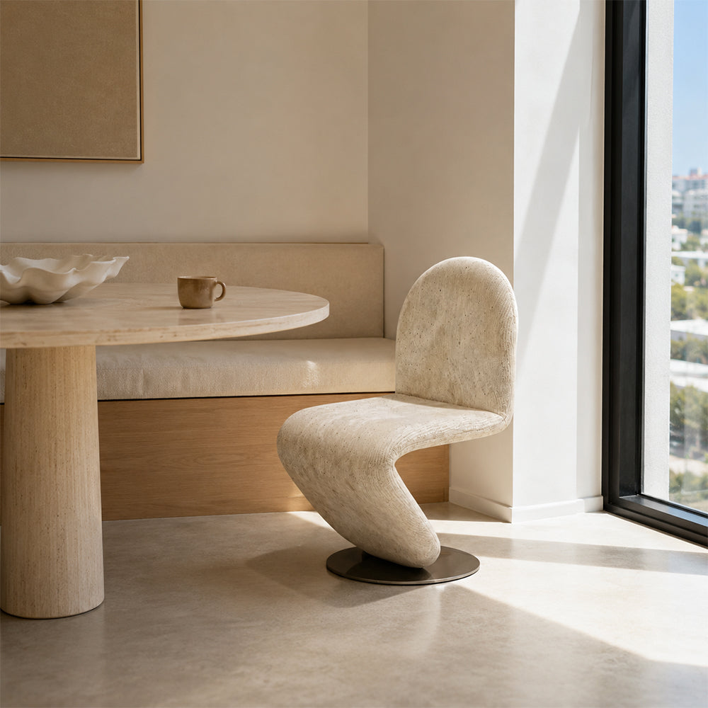 LIVARA Accent Chair - Sculptural S-Curve Design with Soft Fabric Upholstery and Stainless Steel Base, Modern Swivel Lounge Chair for Living Room & Dining Room - Beige
