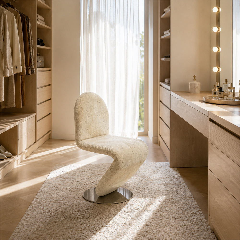 LIVARA Accent Chair - Sculptural S-Curve Design with Soft Fabric Upholstery and Stainless Steel Base, Modern Swivel Lounge Chair for Living Room & Dining Room - Beige