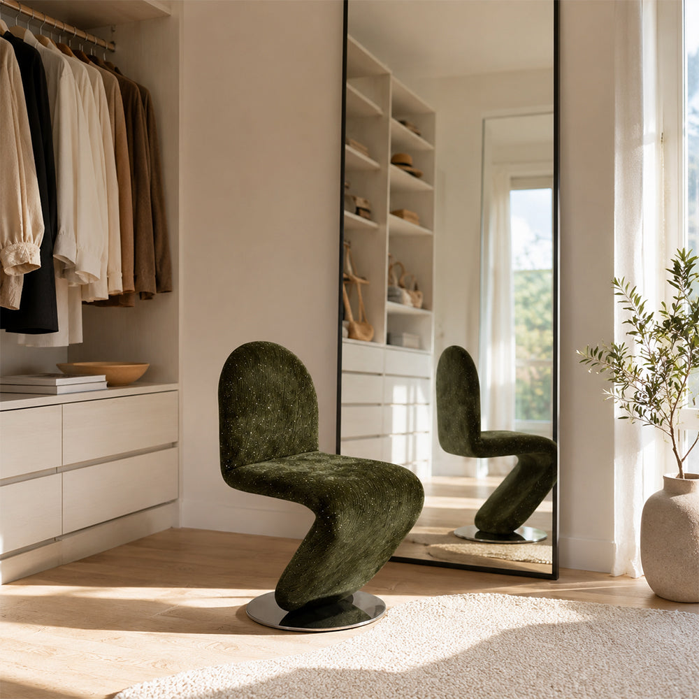 LIVARA Accent Chair - Sculptural S-Curve Design with Soft Fabric Upholstery and Stainless Steel Base, Modern Swivel Lounge Chair for Living Room & Dining Room - Green