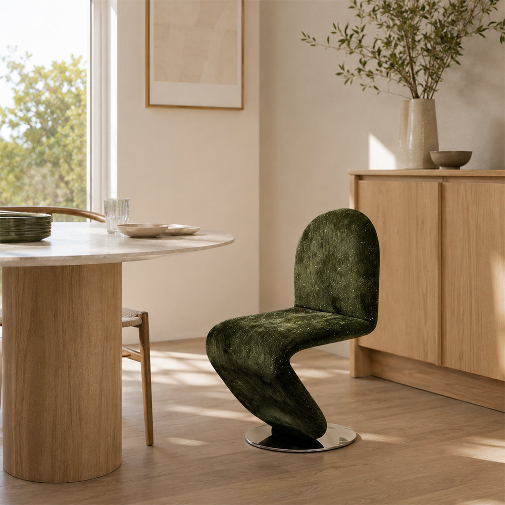 LIVARA Accent Chair - Sculptural S-Curve Design with Soft Fabric Upholstery and Stainless Steel Base, Modern Swivel Lounge Chair for Living Room & Dining Room - Green