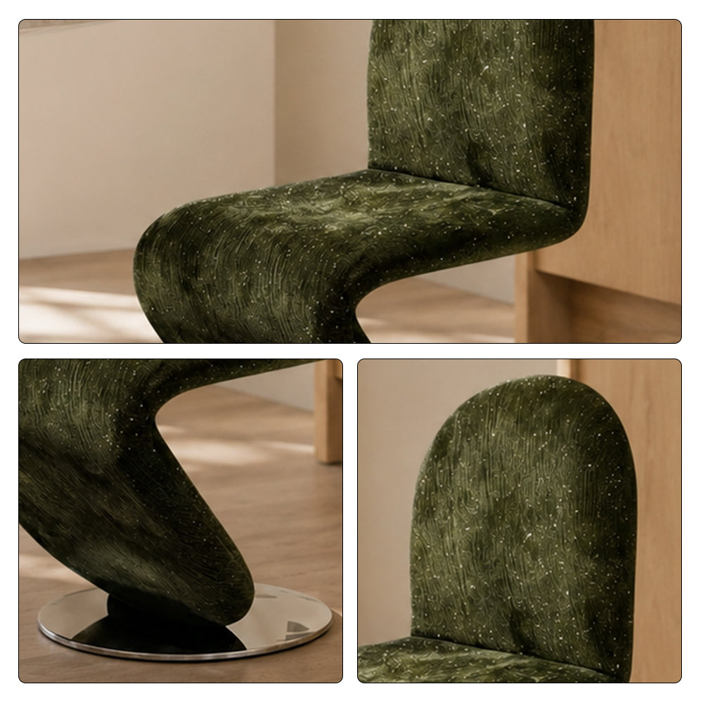 LIVARA Accent Chair - Sculptural S-Curve Design with Soft Fabric Upholstery and Stainless Steel Base, Modern Swivel Lounge Chair for Living Room & Dining Room - Green