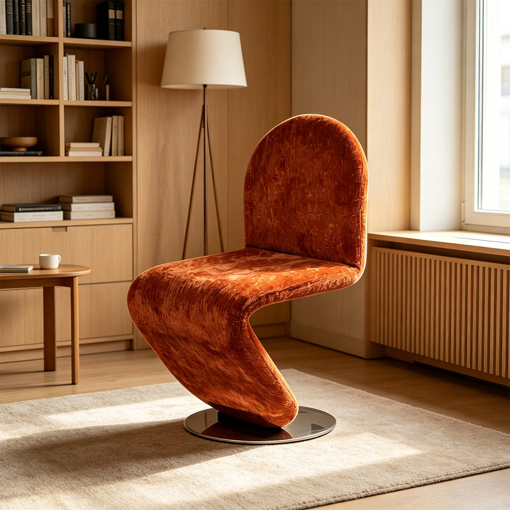 LIVARA Accent Chair - Sculptural S-Curve Design with Soft Fabric Upholstery and Stainless Steel Base, Modern Swivel Lounge Chair for Living Room & Dining Room - Brown