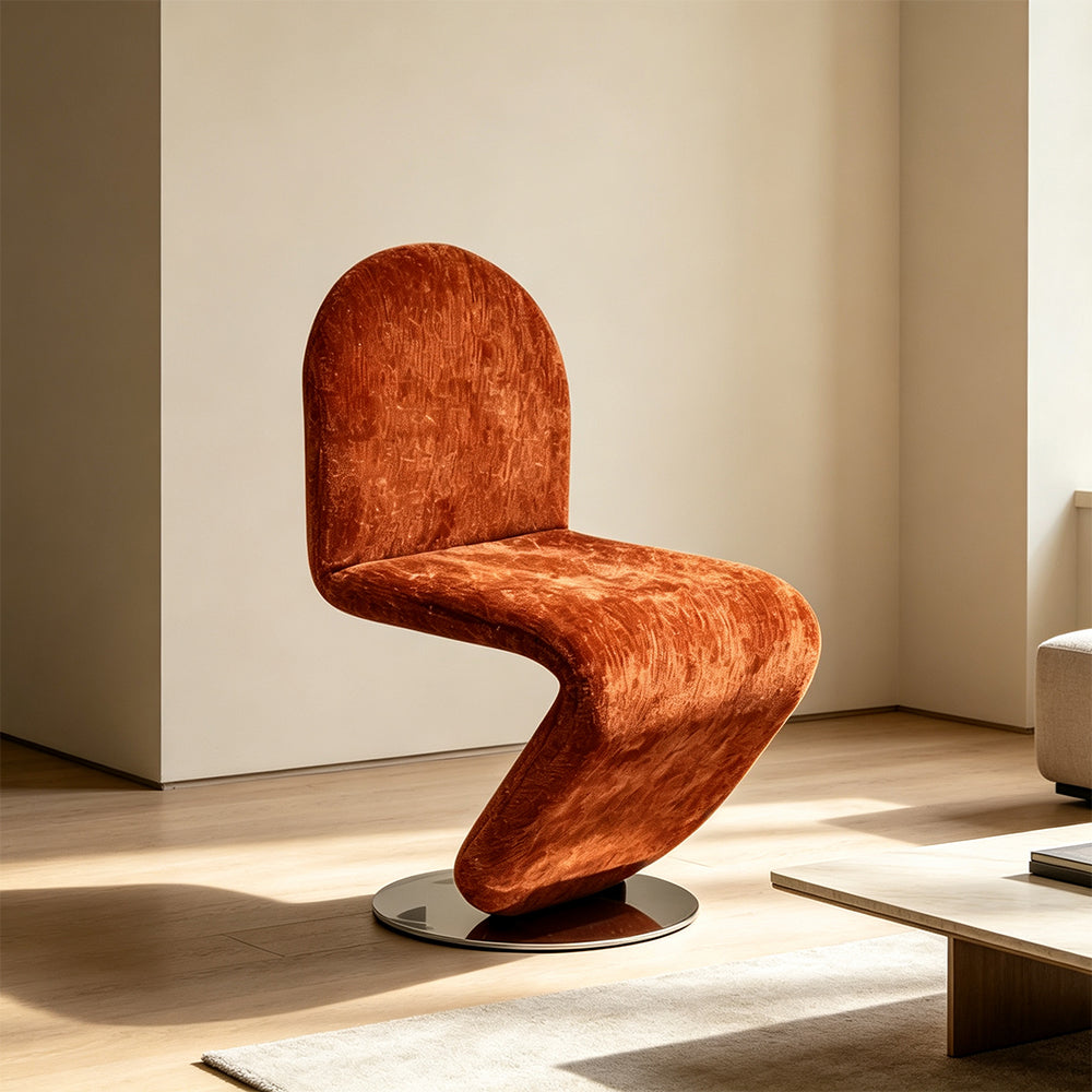 LIVARA Accent Chair - Sculptural S-Curve Design with Soft Fabric Upholstery and Stainless Steel Base, Modern Swivel Lounge Chair for Living Room & Dining Room - Brown