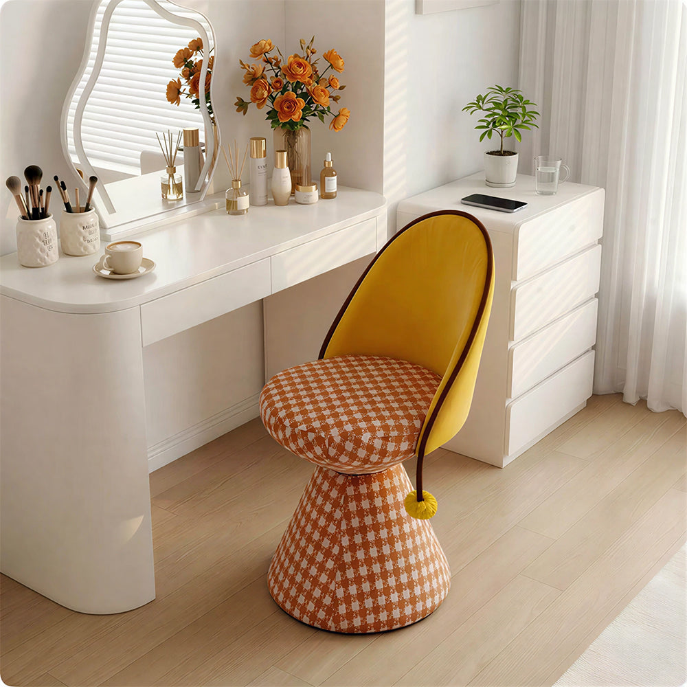LIVARA Vanity Chair - Patchwork Seat with Dutch Velvet Backrest, 360-Degree Swivel Makeup Chair for Bedroom & Dressing Room - Yellow