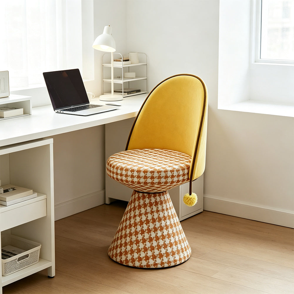LIVARA Vanity Chair - Patchwork Seat with Dutch Velvet Backrest, 360-Degree Swivel Makeup Chair for Bedroom & Dressing Room - Yellow