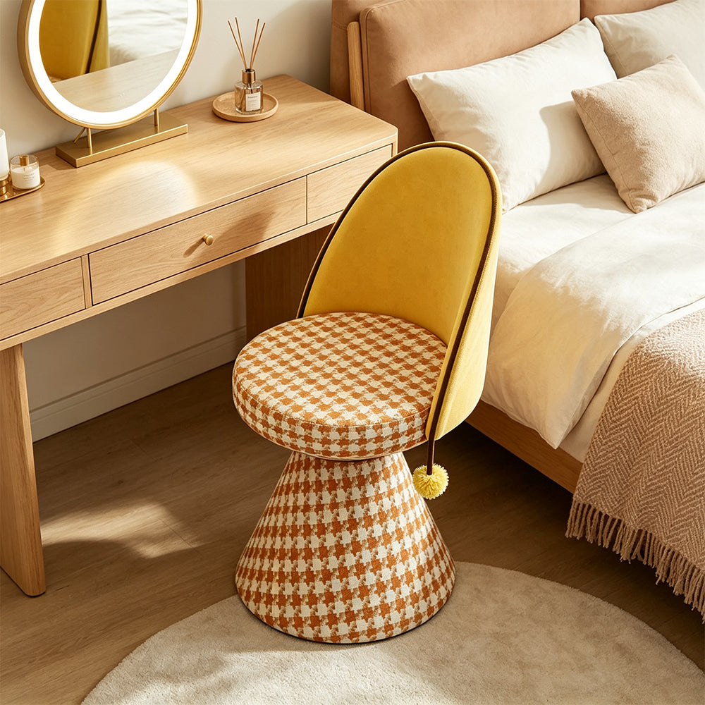 LIVARA Vanity Chair - Patchwork Seat with Dutch Velvet Backrest, 360-Degree Swivel Makeup Chair for Bedroom & Dressing Room - Yellow