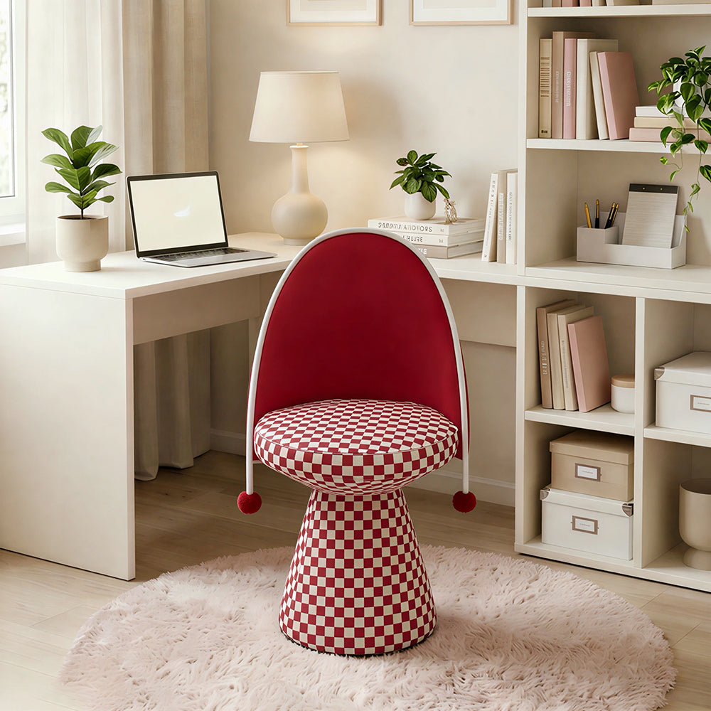 LIVARA Vanity Chair - Patchwork Seat with Dutch Velvet Backrest, 360-Degree Swivel Makeup Chair for Bedroom & Dressing Room - Red