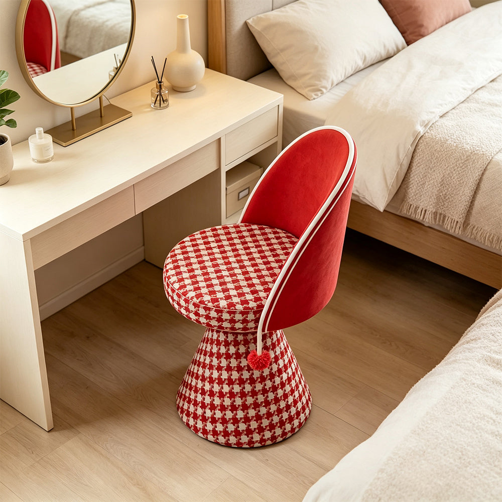 LIVARA Vanity Chair - Patchwork Seat with Dutch Velvet Backrest, 360-Degree Swivel Makeup Chair for Bedroom & Dressing Room - Red