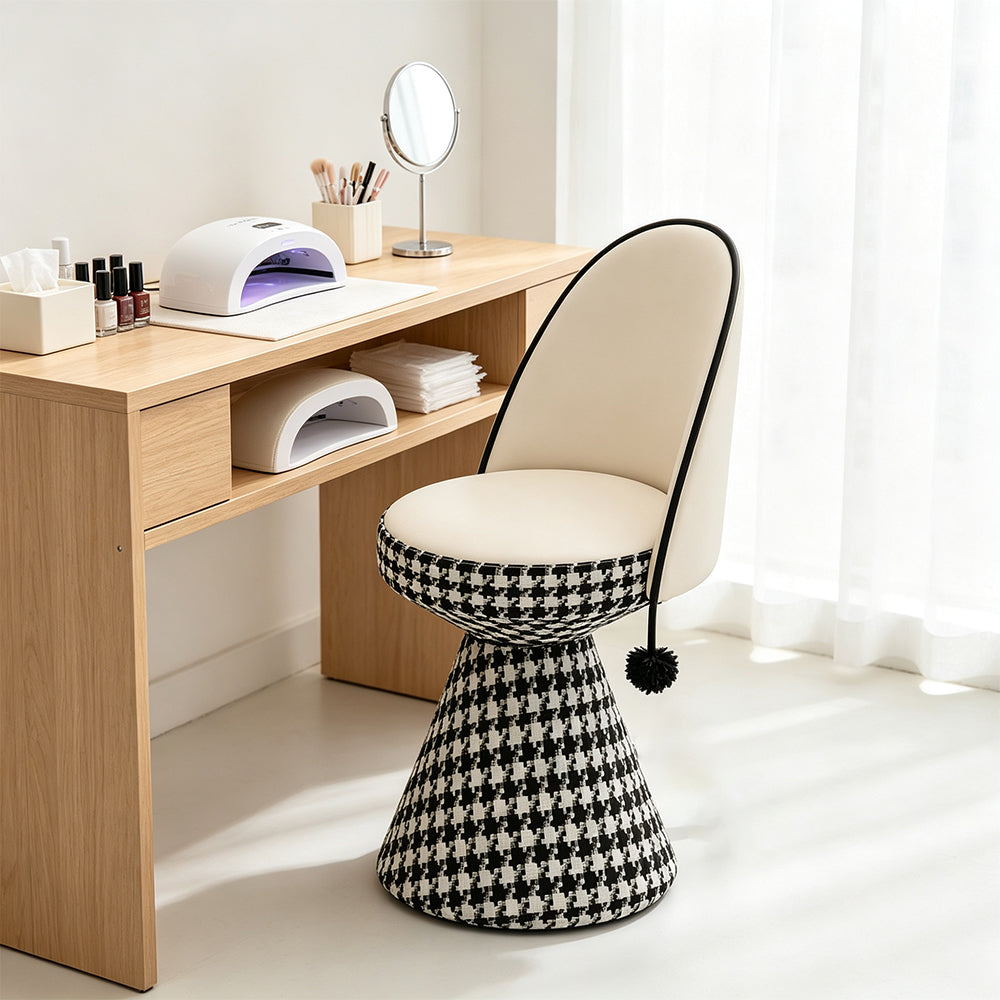 LIVARA Vanity Chair - Patchwork Seat with Dutch Velvet Backrest, 360-Degree Swivel Makeup Chair for Bedroom & Dressing Room - Black & White