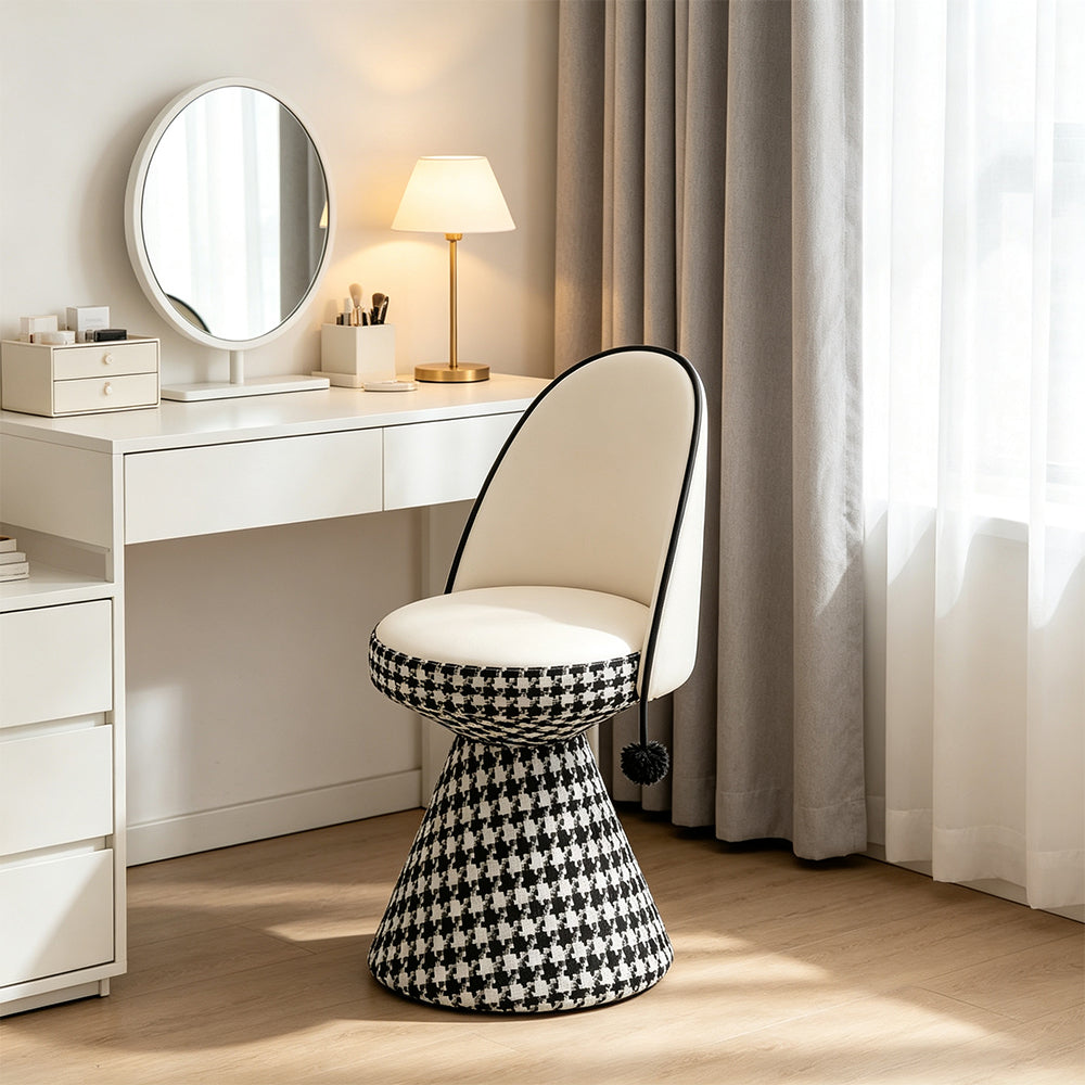 LIVARA Vanity Chair - Patchwork Seat with Dutch Velvet Backrest, 360-Degree Swivel Makeup Chair for Bedroom & Dressing Room - Black & White