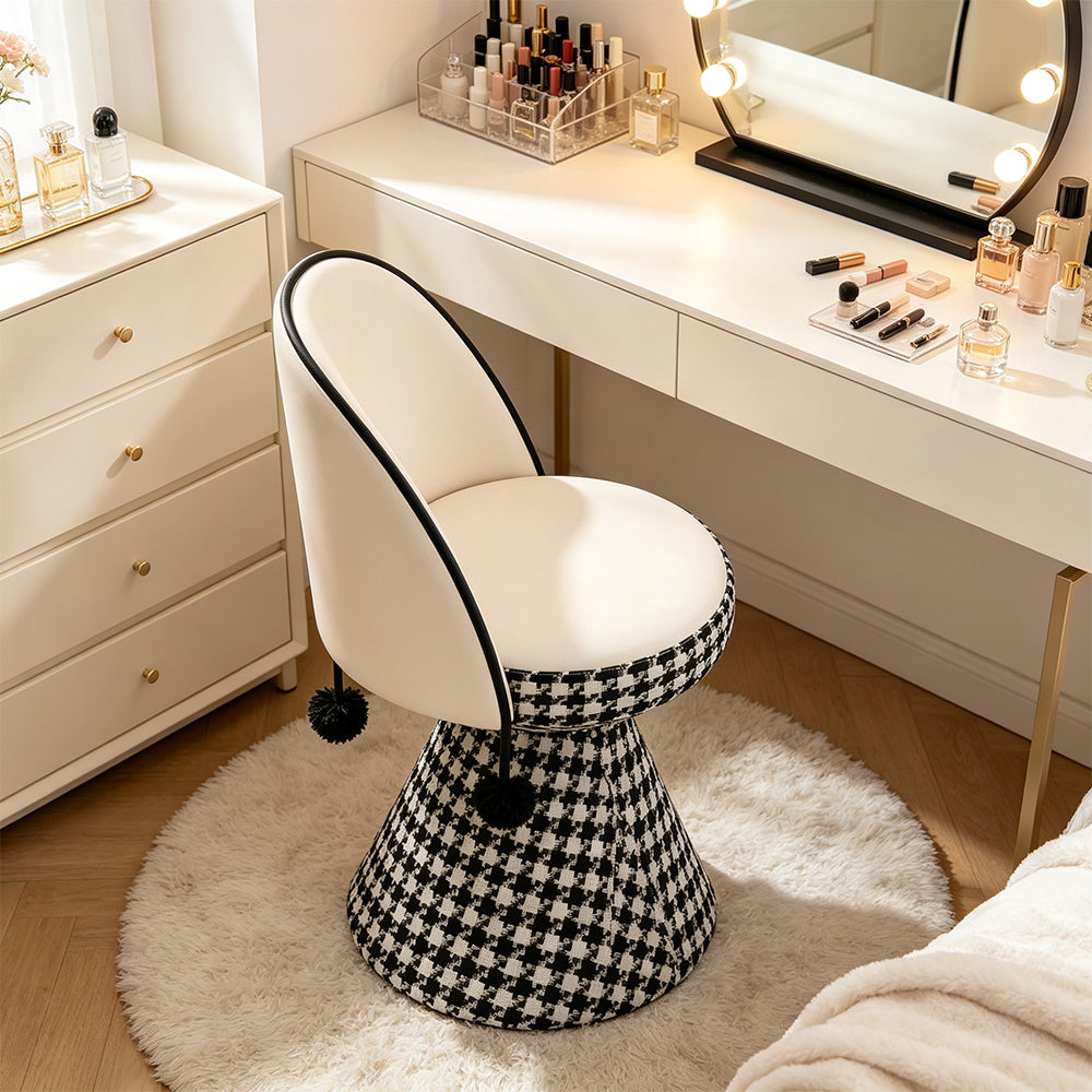 LIVARA Vanity Chair - Patchwork Seat with Dutch Velvet Backrest, 360-Degree Swivel Makeup Chair for Bedroom & Dressing Room - Black & White