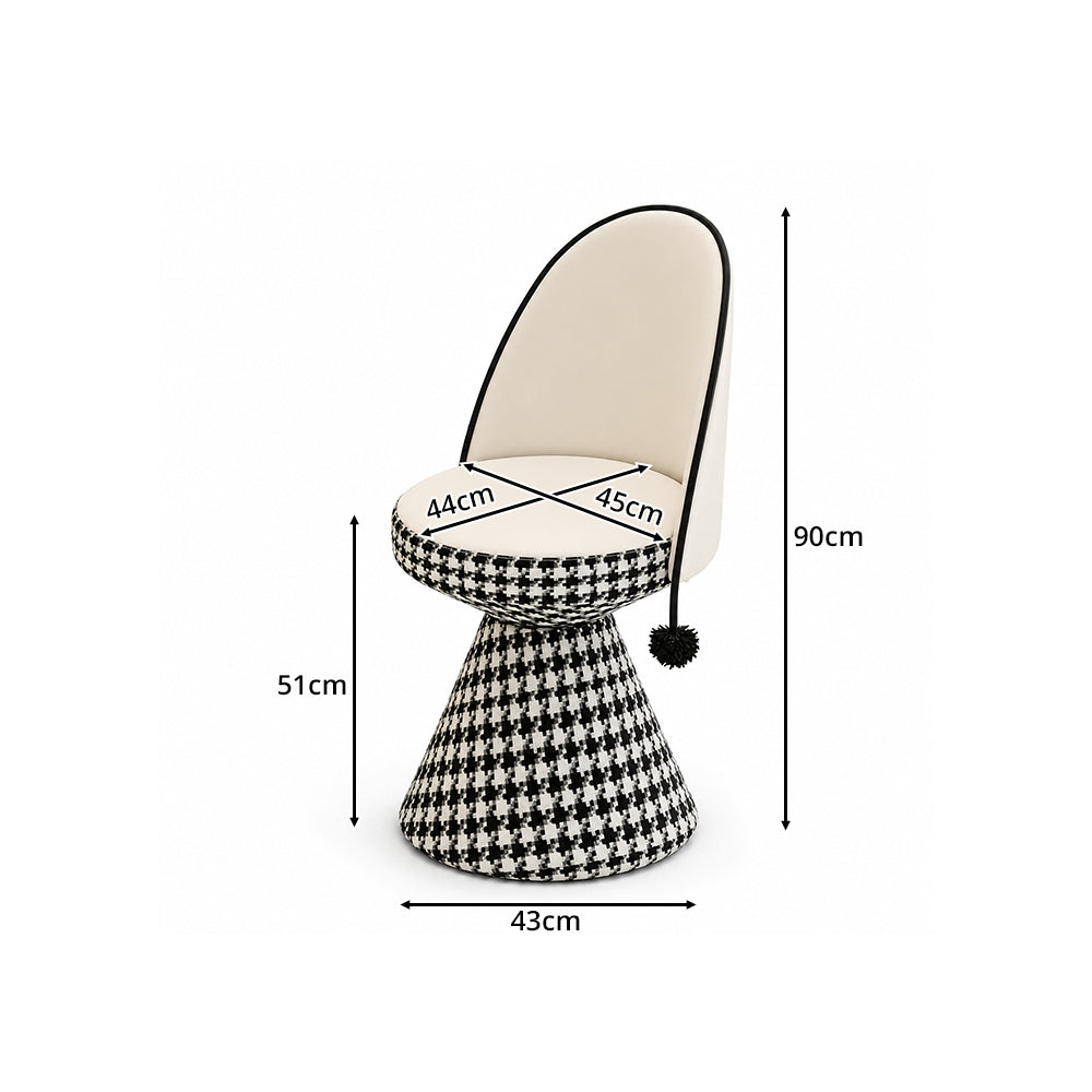 LIVARA Vanity Chair - Patchwork Seat with Dutch Velvet Backrest, 360-Degree Swivel Makeup Chair for Bedroom & Dressing Room - Black & White