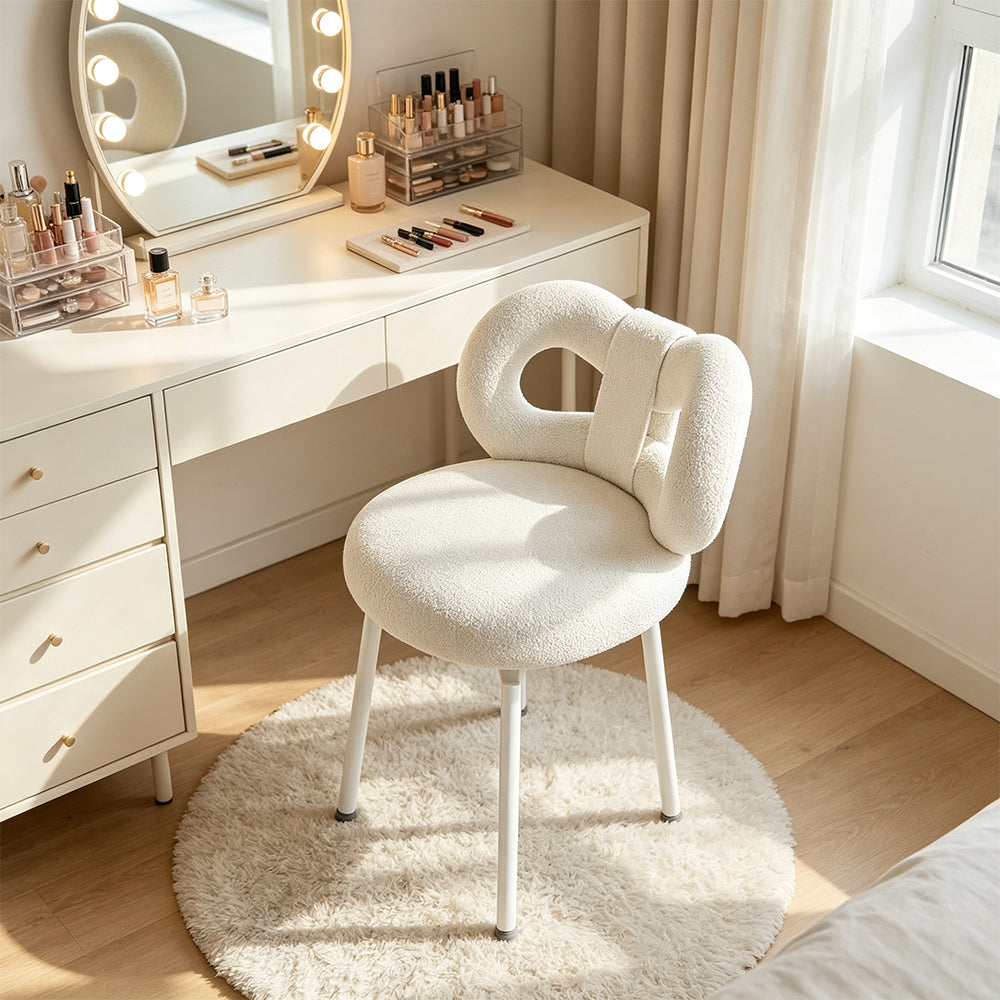 LIVARA Dining Chair - Soft Sherpa Upholstery with Swivel Design, Elegant Bow Backrest Accent Chair for Bedroom, Dining Room & Vanity Use - Cream White