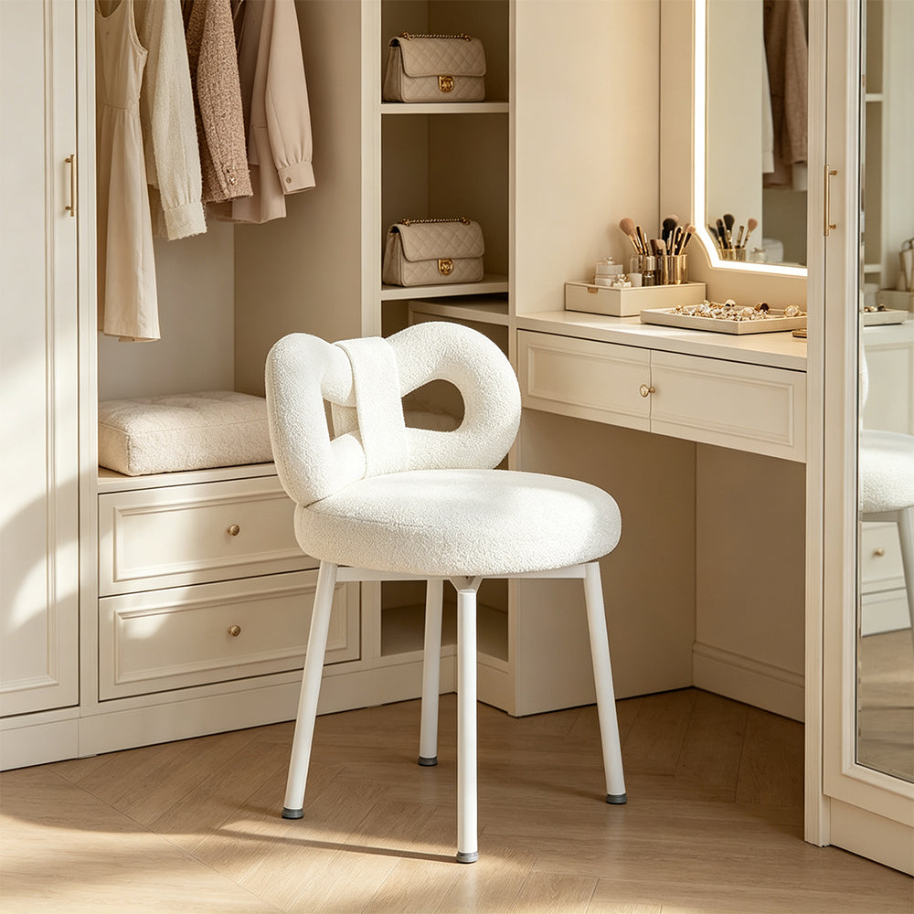 LIVARA Dining Chair - Soft Sherpa Upholstery with Swivel Design, Elegant Bow Backrest Accent Chair for Bedroom, Dining Room & Vanity Use - Cream White