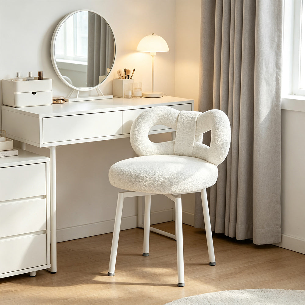 LIVARA Dining Chair - Soft Sherpa Upholstery with Swivel Design, Elegant Bow Backrest Accent Chair for Bedroom, Dining Room & Vanity Use - Cream White