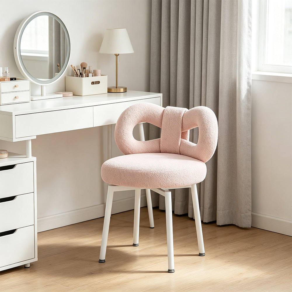 LIVARA Dining Chair - Soft Sherpa Upholstery with Swivel Design, Elegant Bow Backrest Accent Chair for Bedroom, Dining Room & Vanity Use - Pink