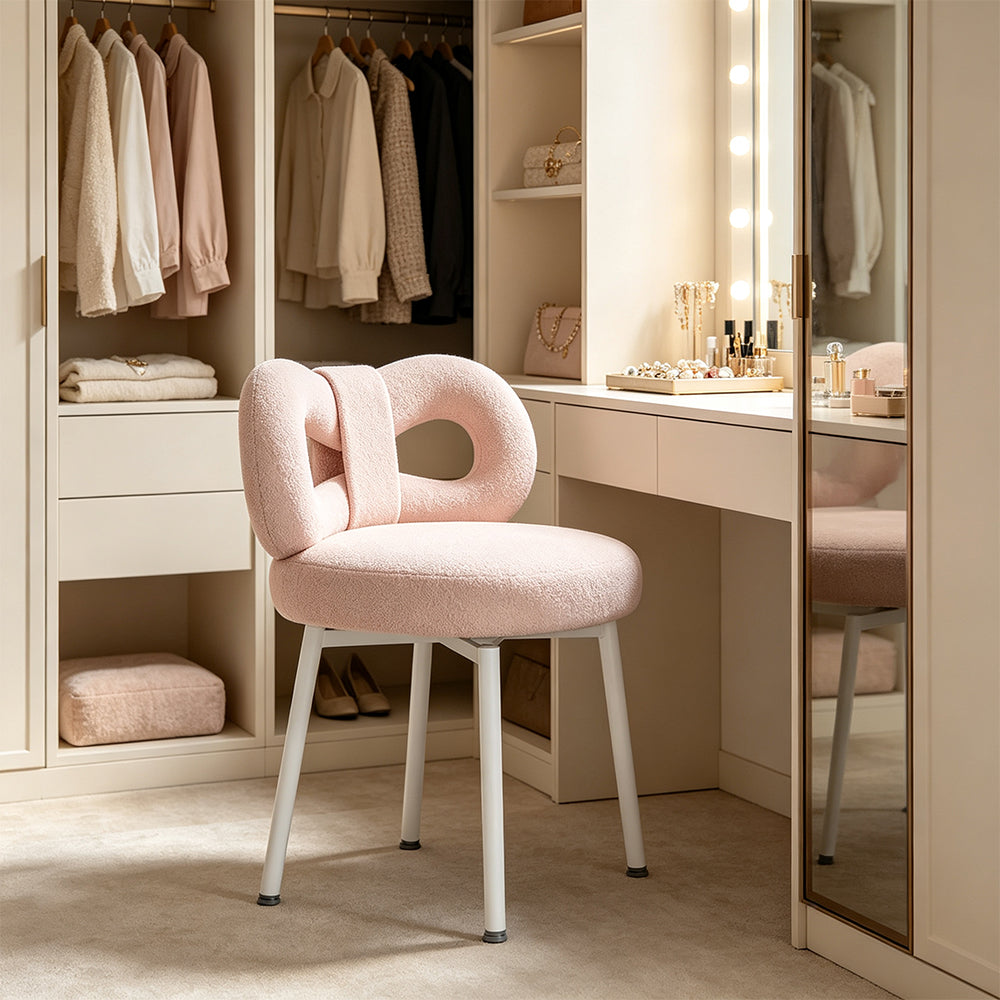 LIVARA Dining Chair - Soft Sherpa Upholstery with Swivel Design, Elegant Bow Backrest Accent Chair for Bedroom, Dining Room & Vanity Use - Pink