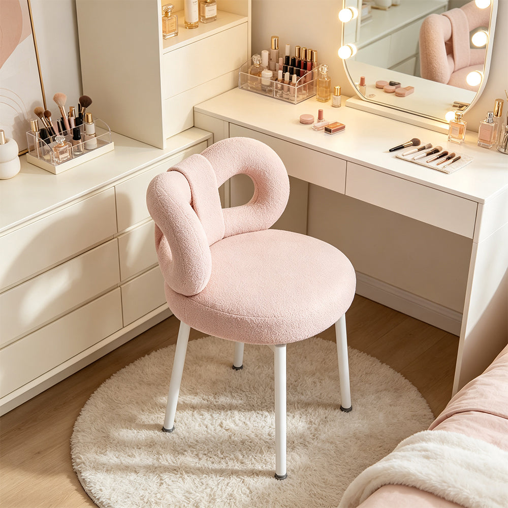LIVARA Dining Chair - Soft Sherpa Upholstery with Swivel Design, Elegant Bow Backrest Accent Chair for Bedroom, Dining Room & Vanity Use - Pink