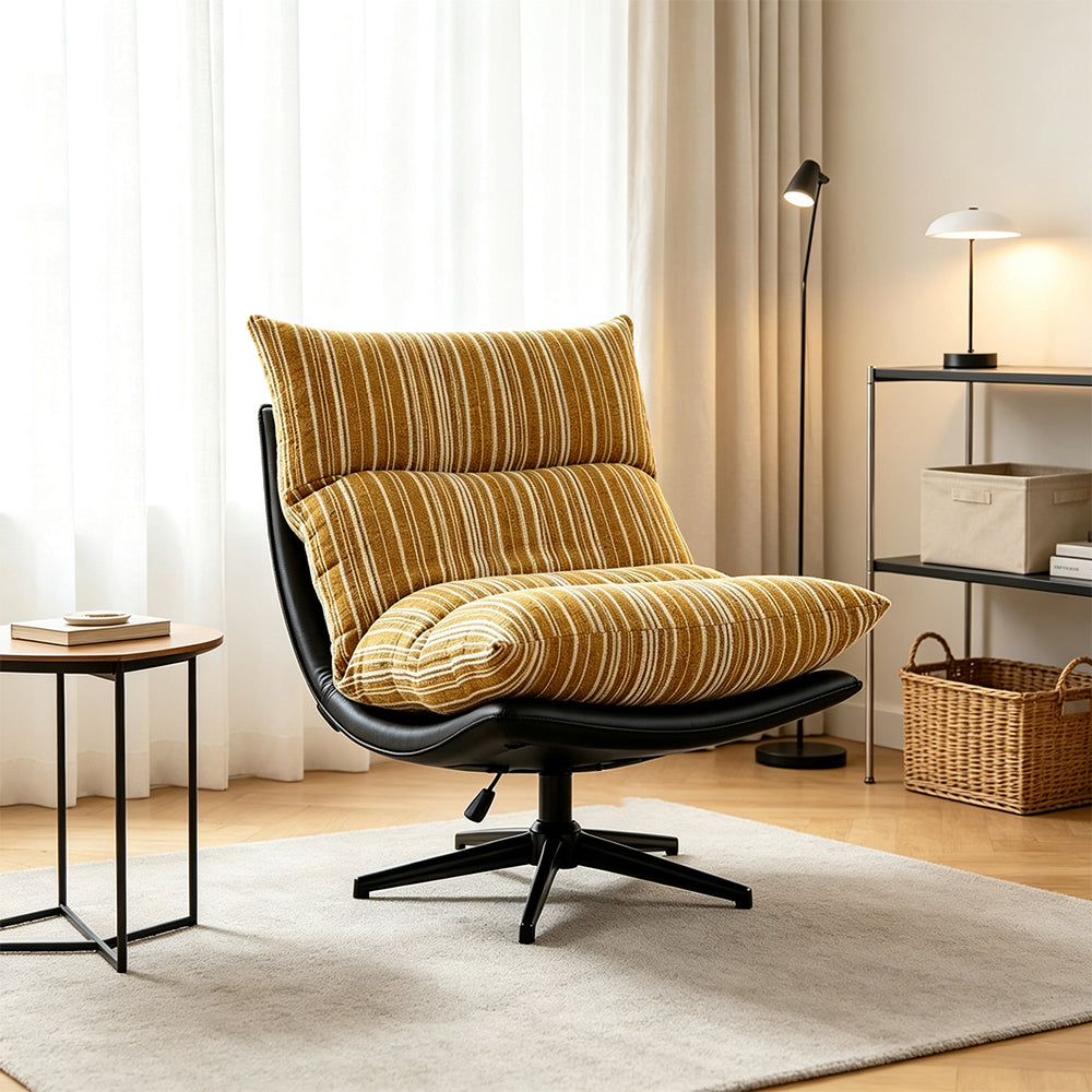 LIVARA Lounge Chair - Stripe Fabric Upholstery with Adjustable Height and 360-Degree Swivel Base, Modern Relaxing Chair for Living Room & Bedroom - Yellow