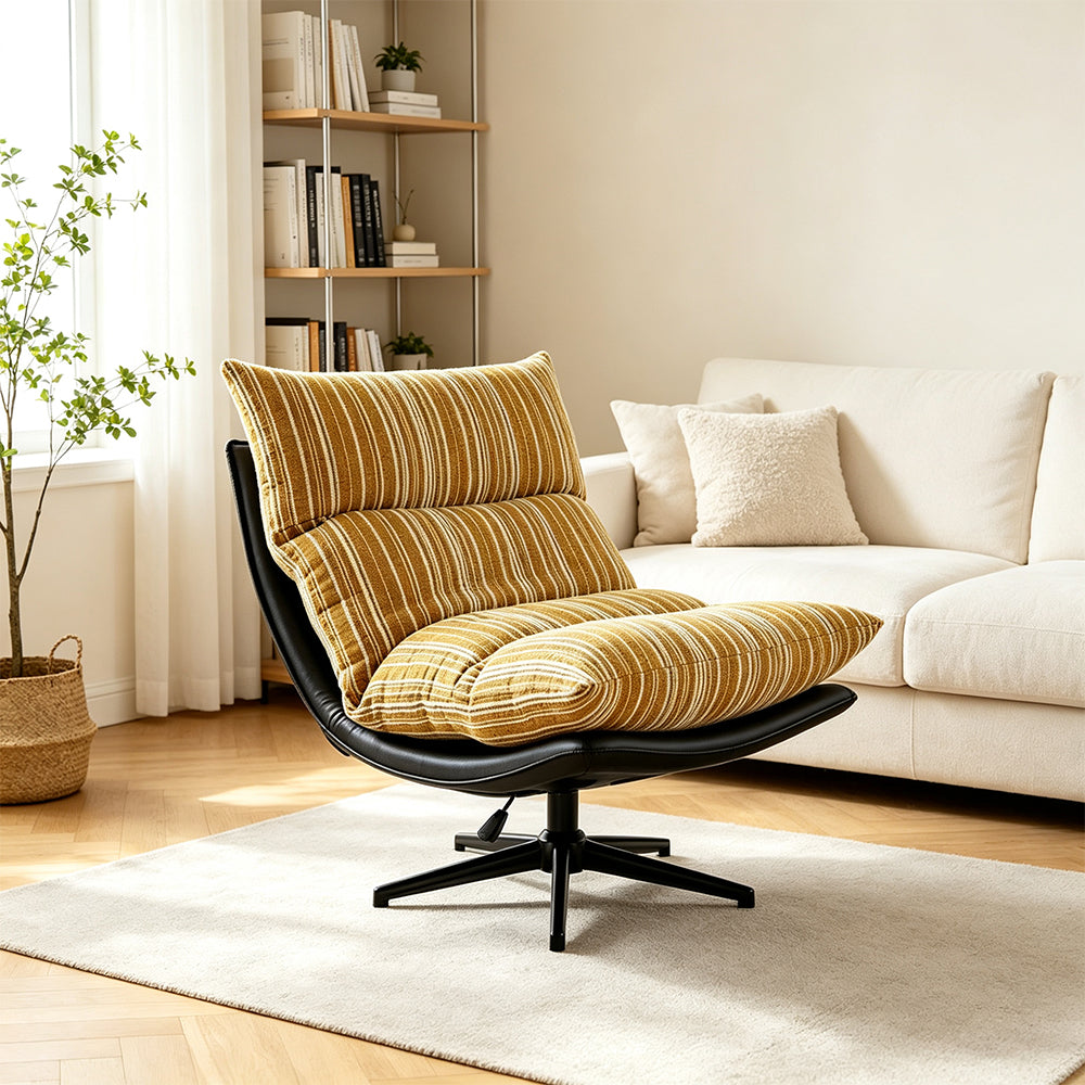 LIVARA Lounge Chair - Stripe Fabric Upholstery with Adjustable Height and 360-Degree Swivel Base, Modern Relaxing Chair for Living Room & Bedroom - Yellow