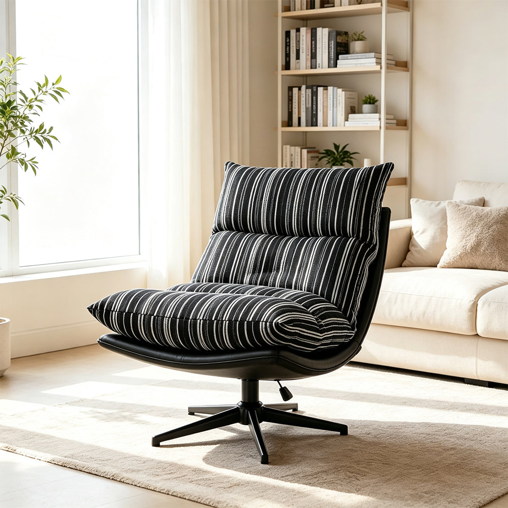 LIVARA Lounge Chair - Stripe Fabric Upholstery with Adjustable Height and 360-Degree Swivel Base, Modern Relaxing Chair for Living Room & Bedroom - Black & White