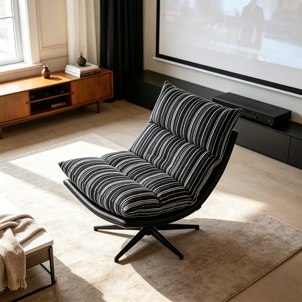 LIVARA Lounge Chair - Stripe Fabric Upholstery with Adjustable Height and 360-Degree Swivel Base, Modern Relaxing Chair for Living Room & Bedroom - Black & White