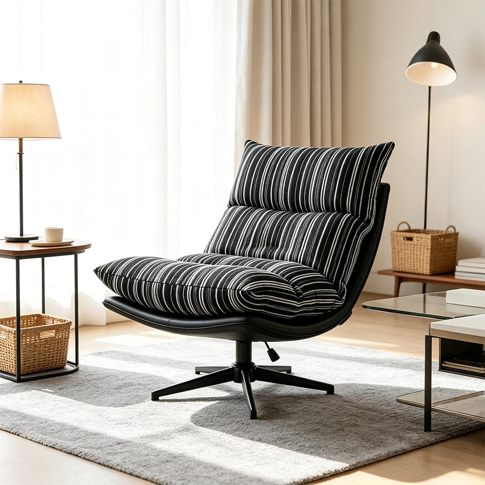 LIVARA Lounge Chair - Stripe Fabric Upholstery with Adjustable Height and 360-Degree Swivel Base, Modern Relaxing Chair for Living Room & Bedroom - Black & White